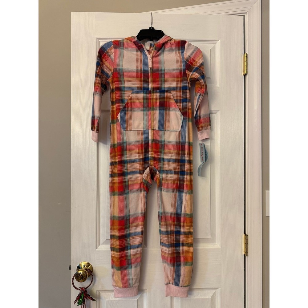 Cat & Jack Girls Size S 6/7 Fleece 1-piece Zip Hooded Plaid Pajama Front Pocket